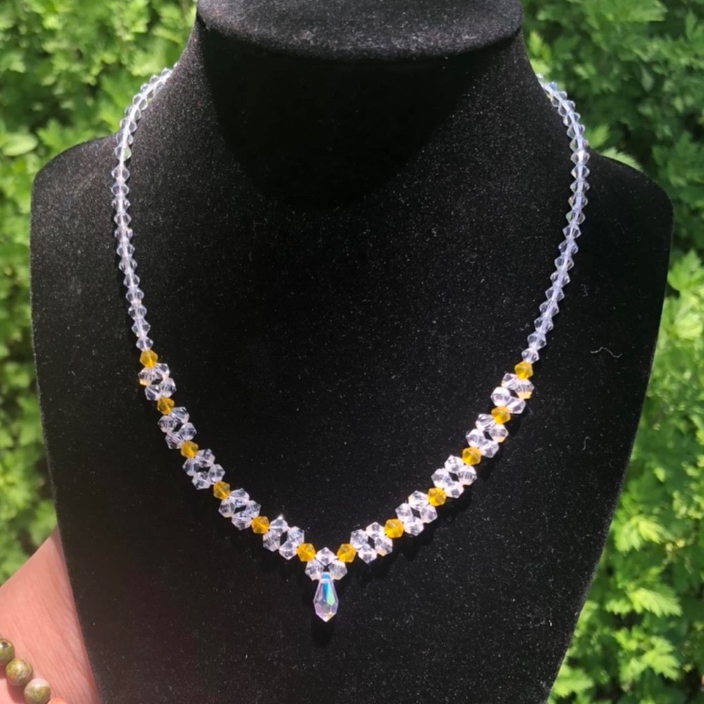 Hand beaded yellow and white Swarovski crystal necklace